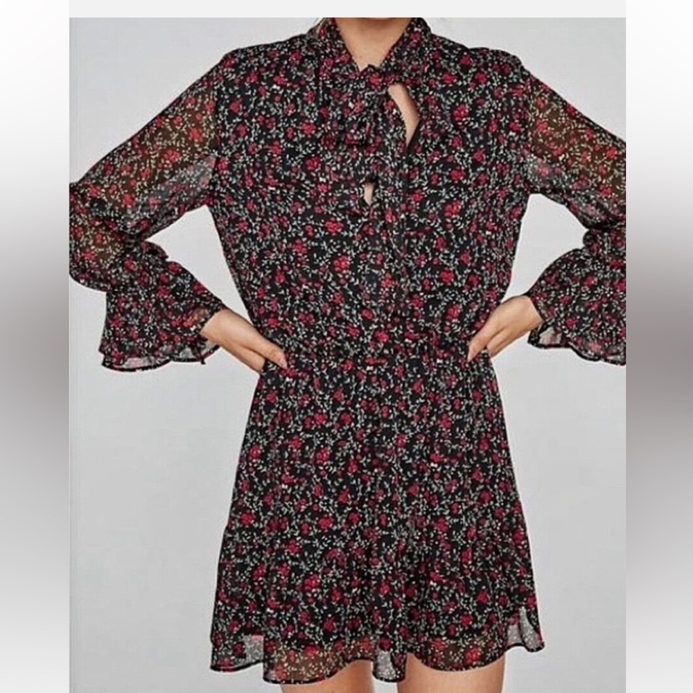 Zara Black Rose Print Bow Tie Collar Mini Dress Womens Size Large Cinch Waist